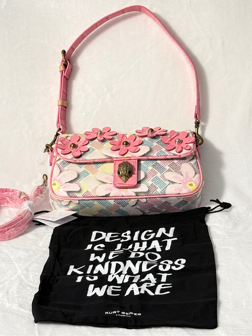 Kurt Geiger Camden Pink Floral Appliqué Shoulder Bag with Multicolor Weave
